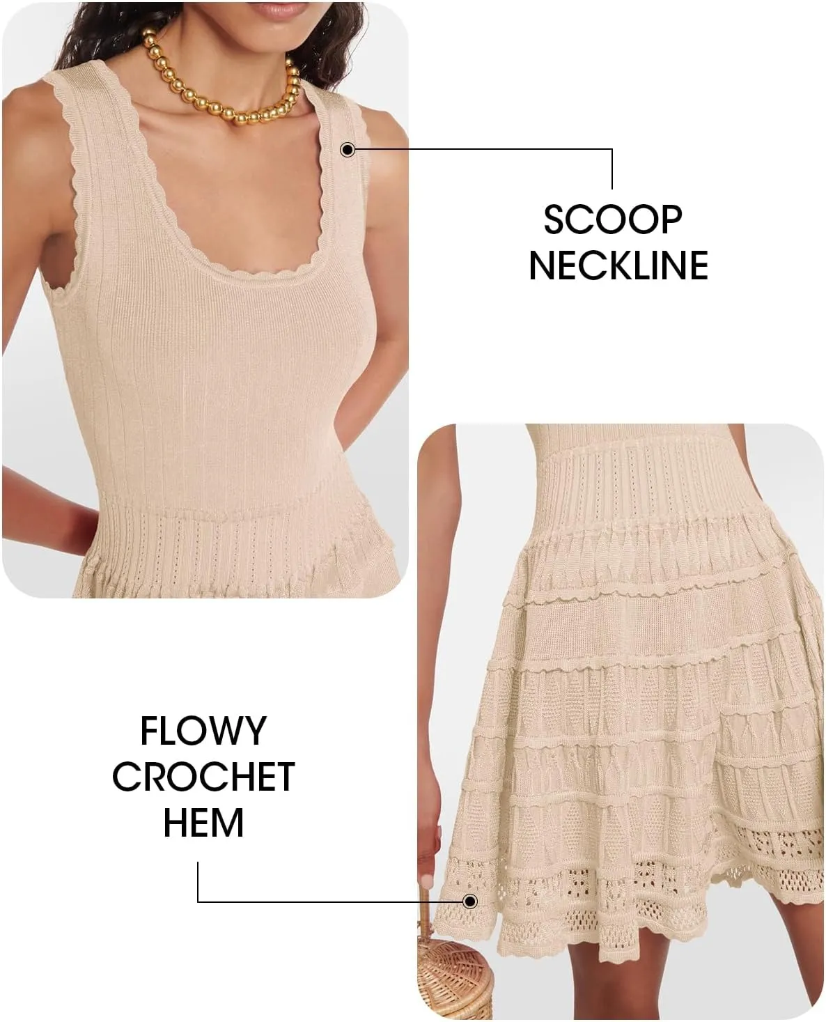 Wenrine Women's Summer Mini Dresses Sleeveless Knitted Crew Neck Casual Crochet Hem Slim Cute Tank Dress