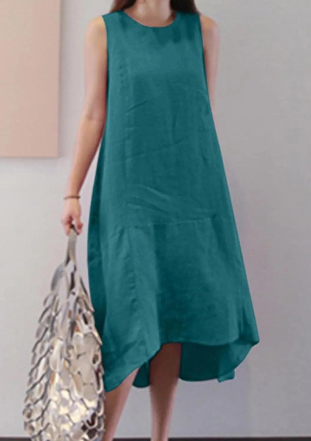 WIWIQS Womens Casual Loose Cotton Linen Tank Dress Solid Color Crew Neck Sleeveless Flowy Midi Dresses