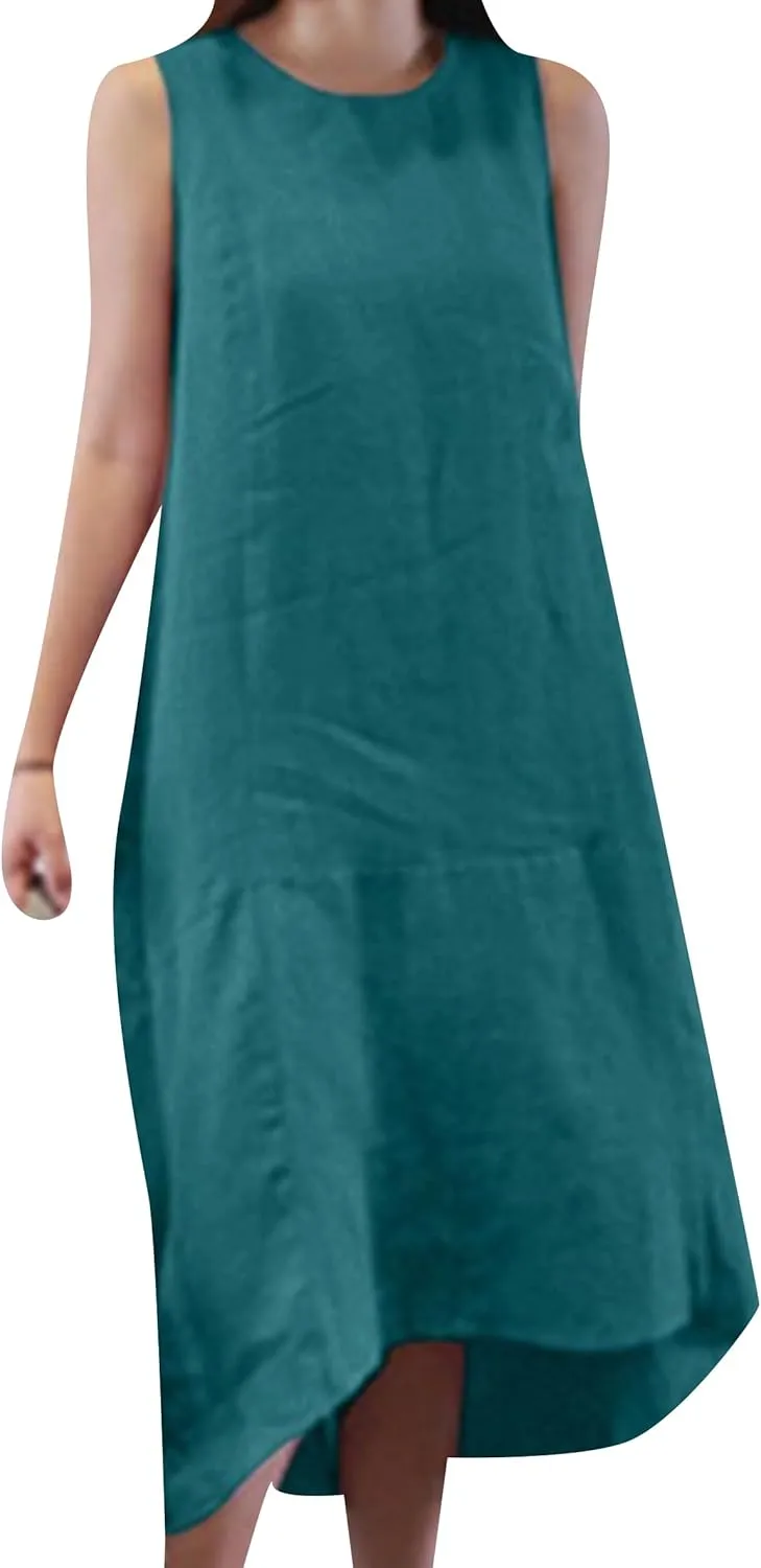 WIWIQS Womens Casual Loose Cotton Linen Tank Dress Solid Color Crew Neck Sleeveless Flowy Midi Dresses