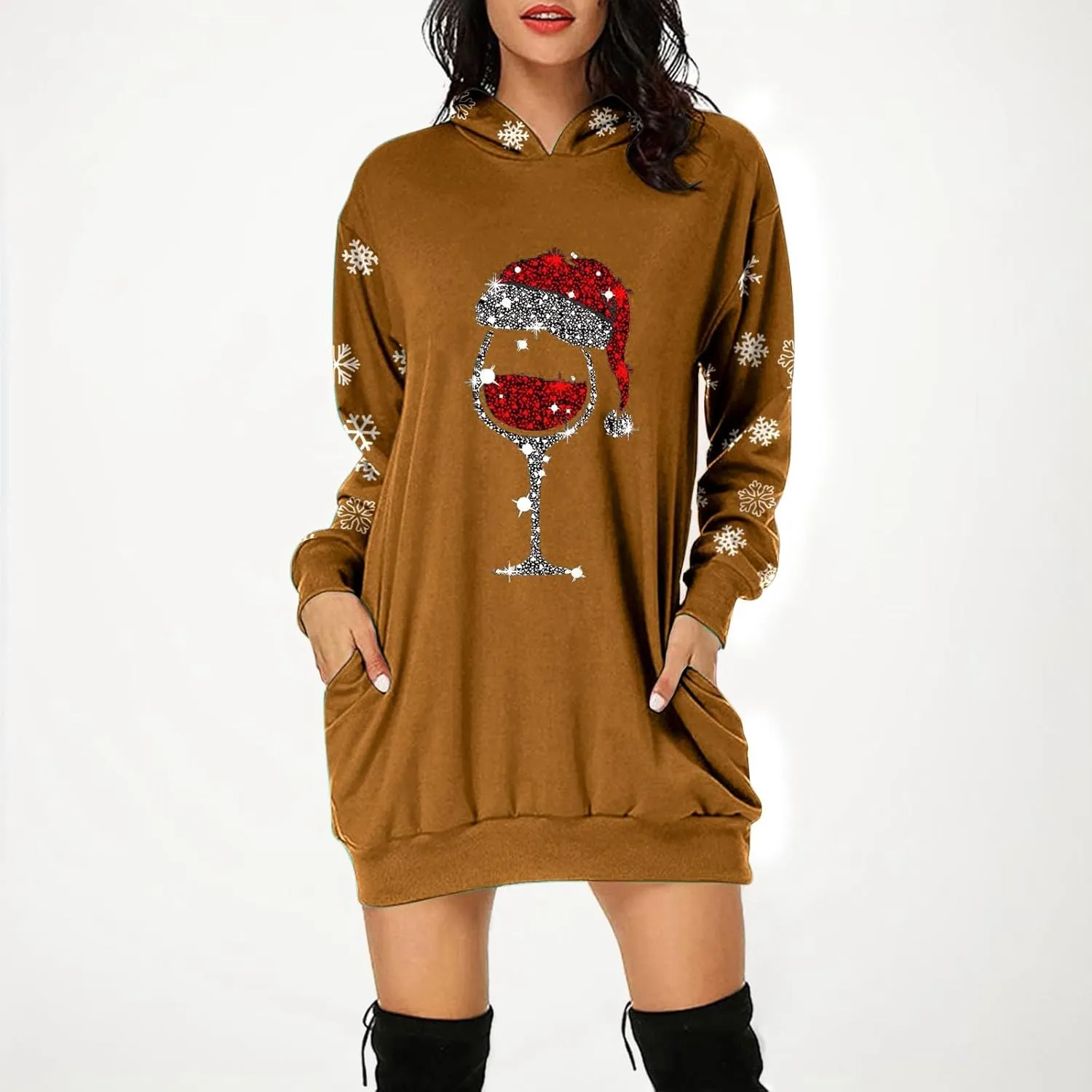 Women 2024 Christmas Hoodies Dress Long Sleeve Red Wine Glass Print Sweatshirt Tunic Oversized Xmas Hooded Party Dress