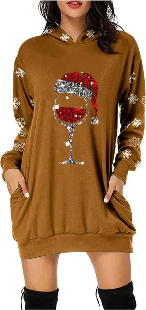 Women 2024 Christmas Hoodies Dress Long Sleeve Red Wine Glass Print Sweatshirt Tunic Oversized Xmas Hooded Party Dress