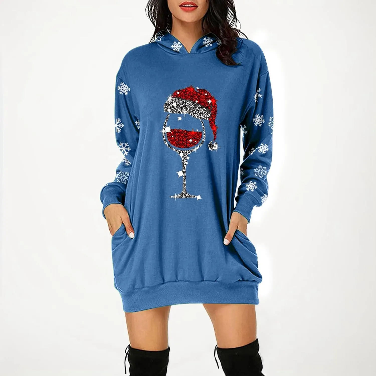 Women 2024 Christmas Hoodies Dress Long Sleeve Red Wine Glass Print Sweatshirt Tunic Oversized Xmas Hooded Party Dress
