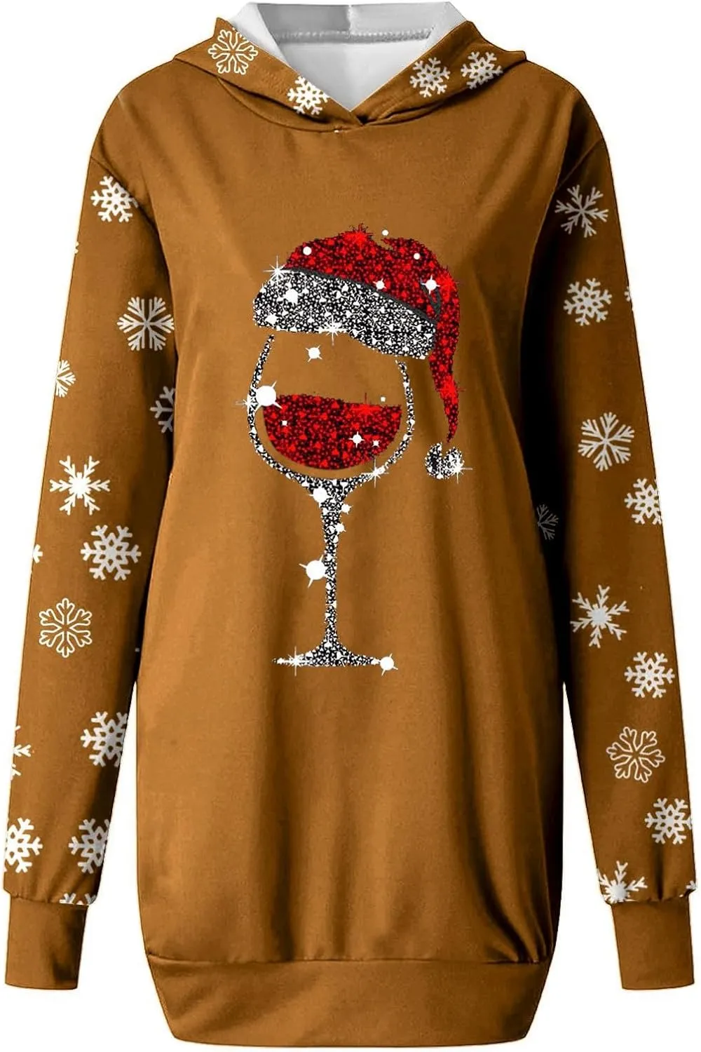 Women 2024 Christmas Hoodies Dress Long Sleeve Red Wine Glass Print Sweatshirt Tunic Oversized Xmas Hooded Party Dress