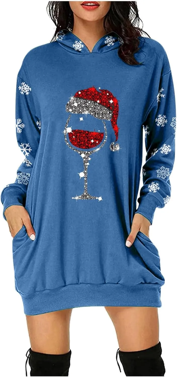 Women 2024 Christmas Hoodies Dress Long Sleeve Red Wine Glass Print Sweatshirt Tunic Oversized Xmas Hooded Party Dress