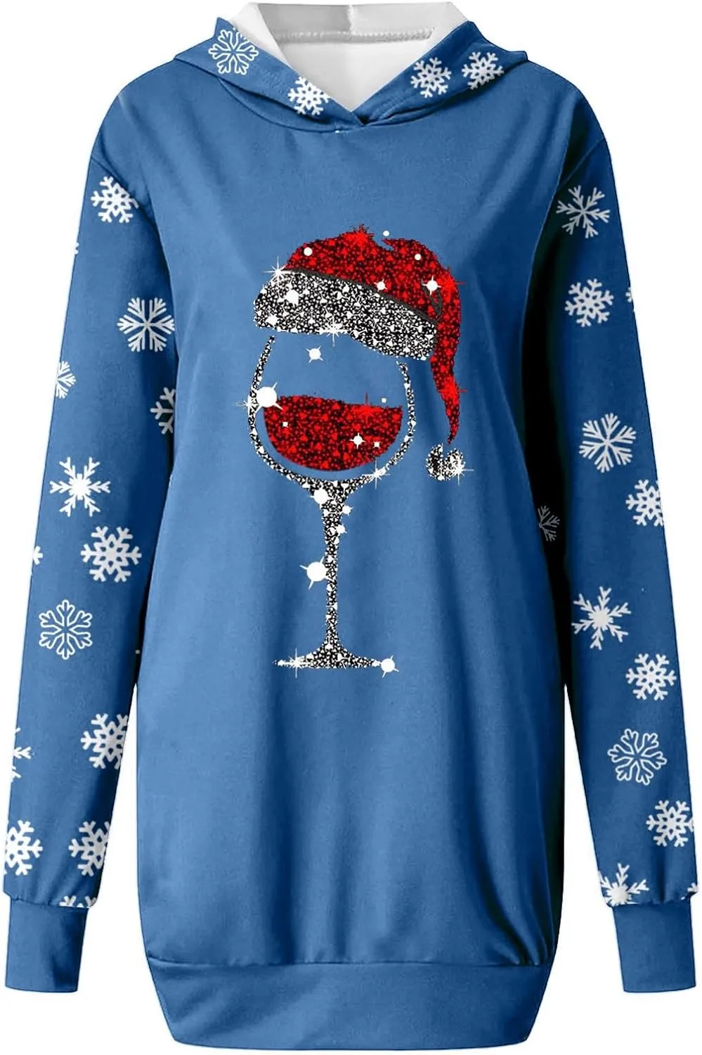 Women 2024 Christmas Hoodies Dress Long Sleeve Red Wine Glass Print Sweatshirt Tunic Oversized Xmas Hooded Party Dress