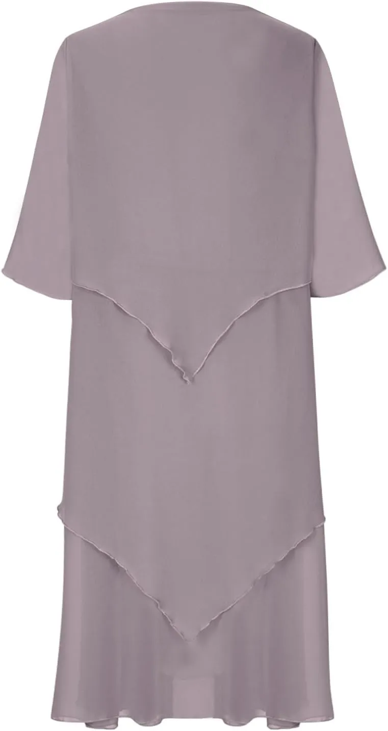 Women 3/4 Sleeve Crewneck Solid Tiered Chiffon Dress Soft Comfy Tulle Business Office Ladies Dresses Casual Plus Size