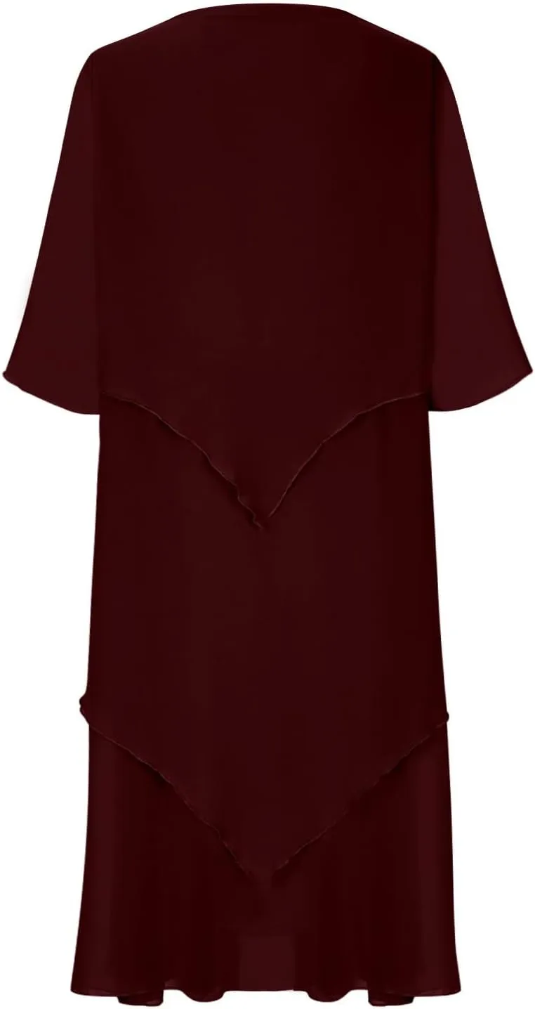 Women 3/4 Sleeve Crewneck Solid Tiered Chiffon Dress Soft Comfy Tulle Business Office Ladies Dresses Casual Plus Size