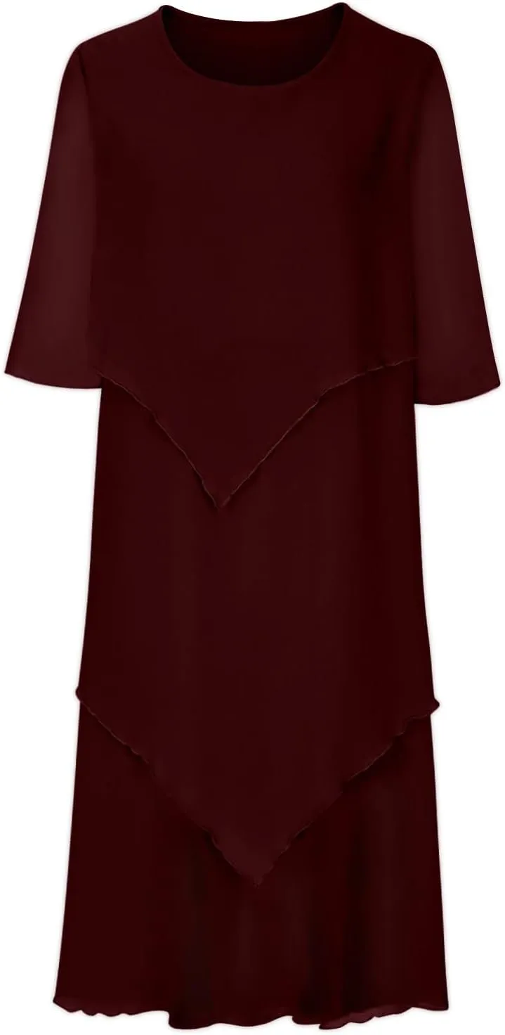 Women 3/4 Sleeve Crewneck Solid Tiered Chiffon Dress Soft Comfy Tulle Business Office Ladies Dresses Casual Plus Size