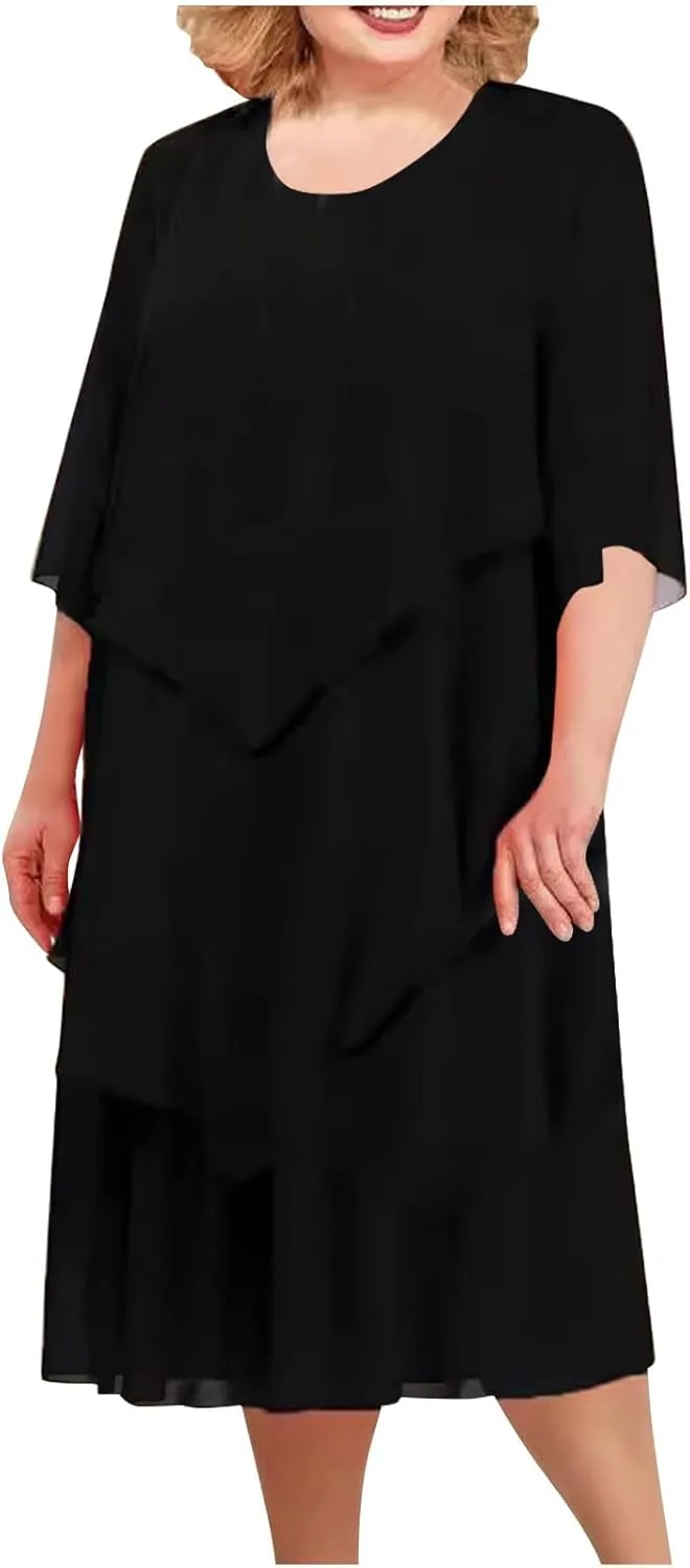 Women 3/4 Sleeve Crewneck Solid Tiered Chiffon Dress Soft Comfy Tulle Business Office Ladies Dresses Casual Plus Size