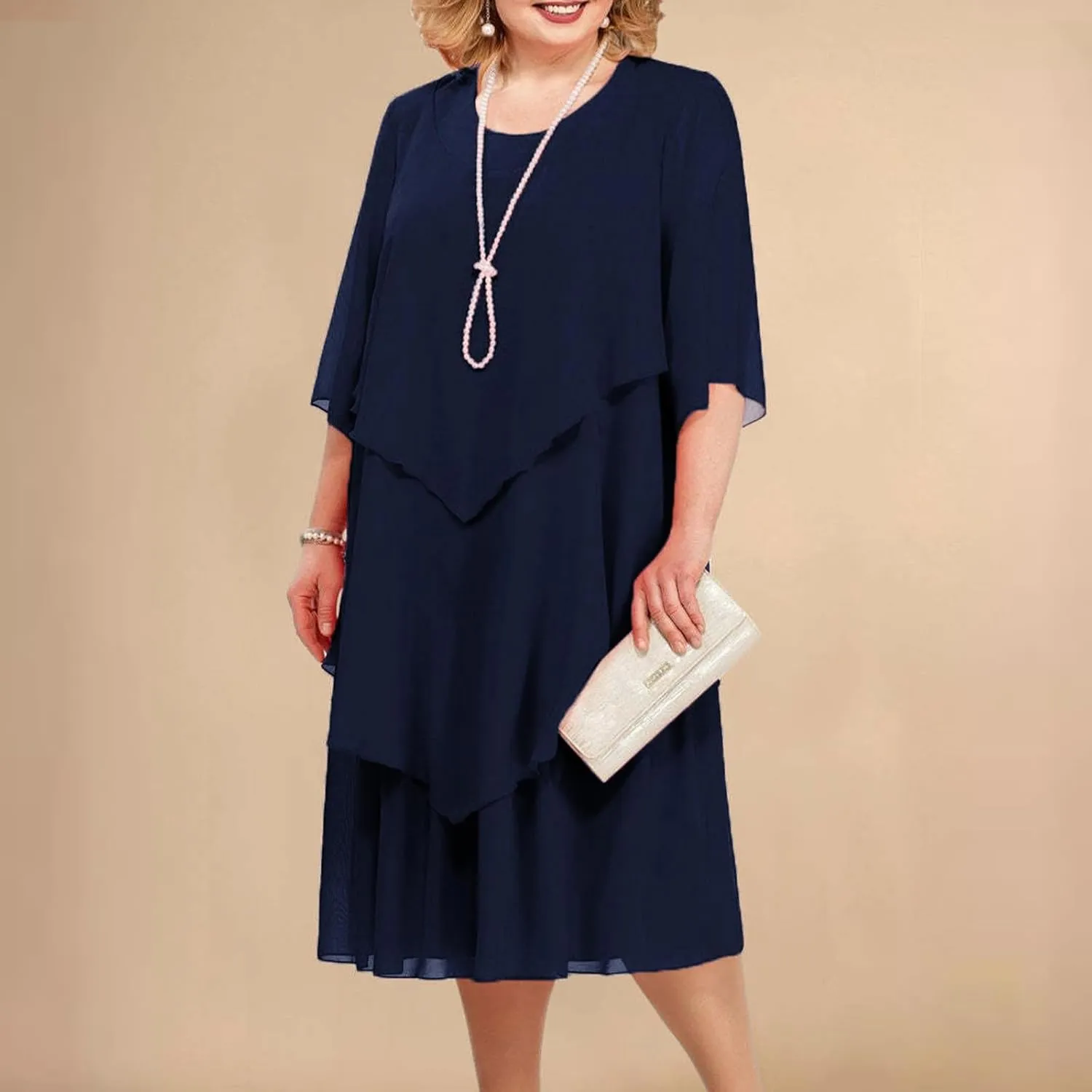Women 3/4 Sleeve Crewneck Solid Tiered Chiffon Dress Soft Comfy Tulle Business Office Ladies Dresses Casual Plus Size