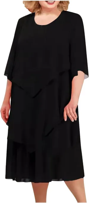Women 3/4 Sleeve Crewneck Solid Tiered Chiffon Dress Soft Comfy Tulle Business Office Ladies Dresses Casual Plus Size