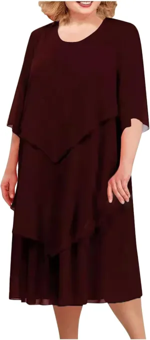 Women 3/4 Sleeve Crewneck Solid Tiered Chiffon Dress Soft Comfy Tulle Business Office Ladies Dresses Casual Plus Size
