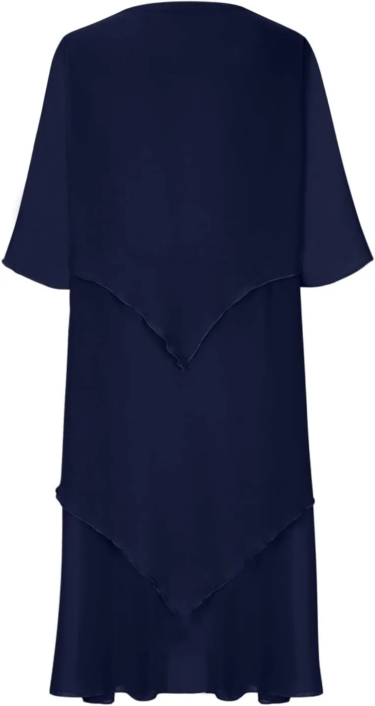 Women 3/4 Sleeve Crewneck Solid Tiered Chiffon Dress Soft Comfy Tulle Business Office Ladies Dresses Casual Plus Size