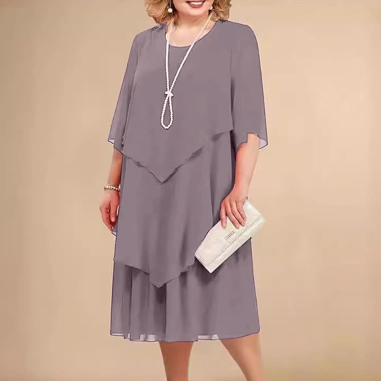 Women 3/4 Sleeve Crewneck Solid Tiered Chiffon Dress Soft Comfy Tulle Business Office Ladies Dresses Casual Plus Size
