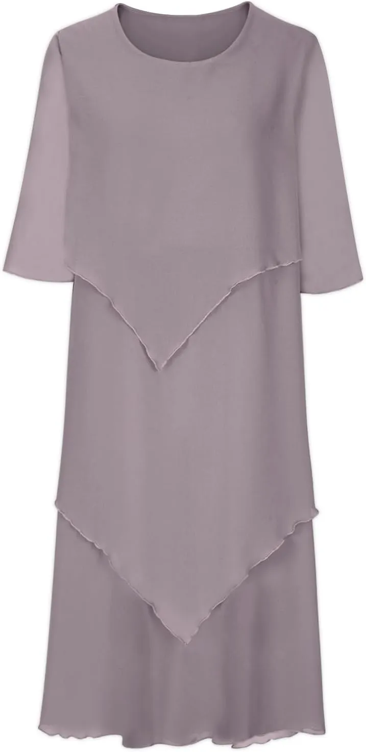 Women 3/4 Sleeve Crewneck Solid Tiered Chiffon Dress Soft Comfy Tulle Business Office Ladies Dresses Casual Plus Size