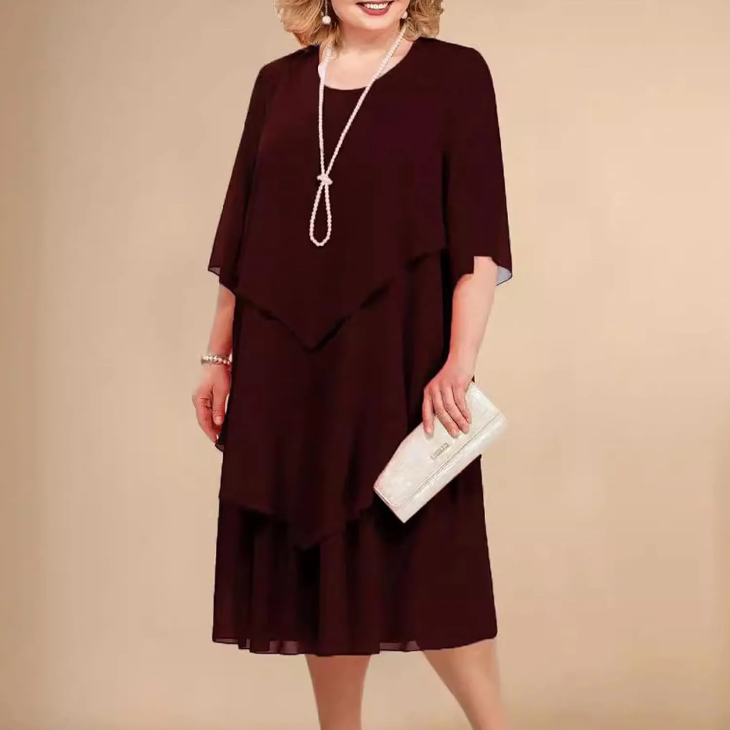 Women 3/4 Sleeve Crewneck Solid Tiered Chiffon Dress Soft Comfy Tulle Business Office Ladies Dresses Casual Plus Size