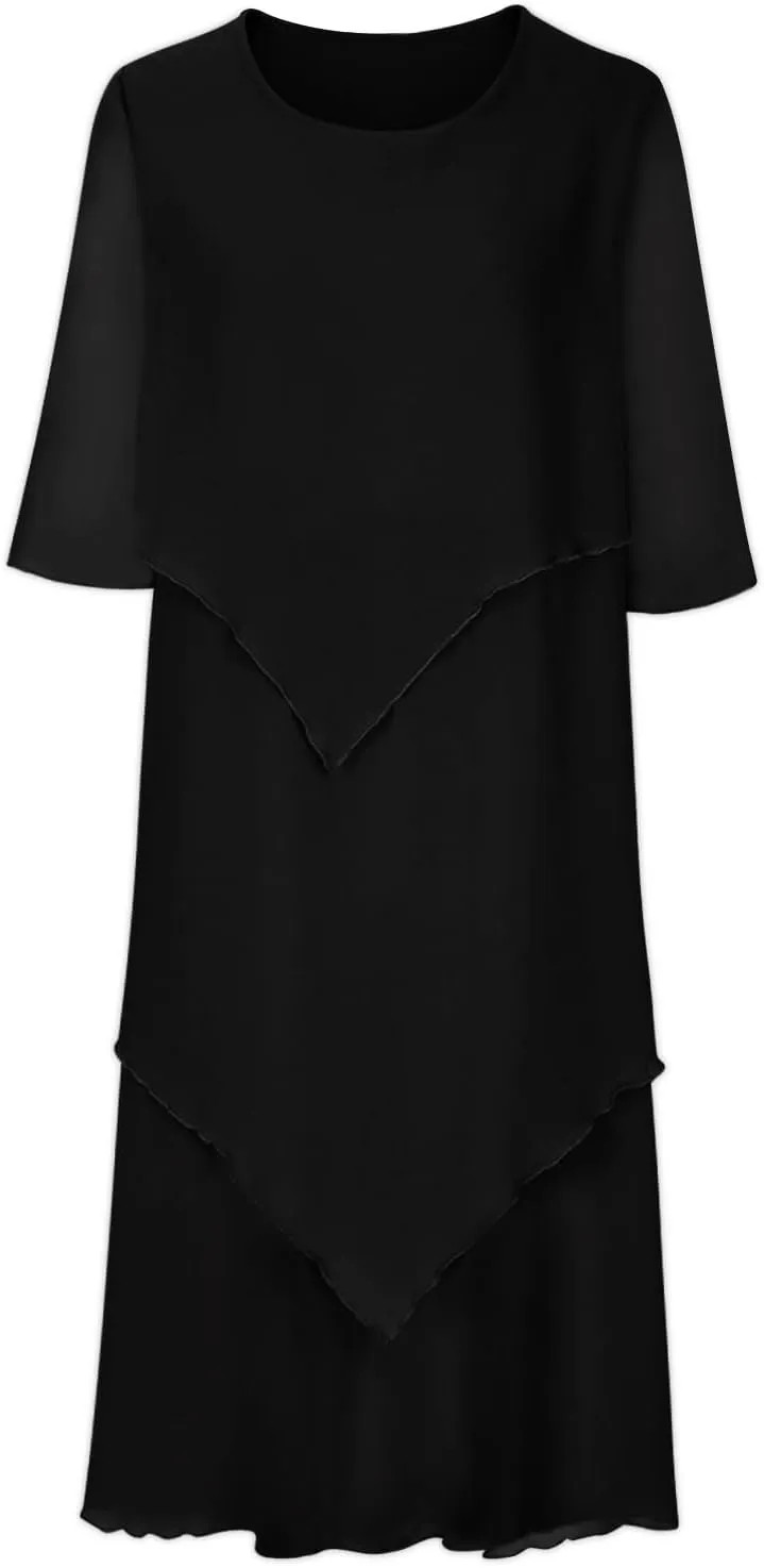 Women 3/4 Sleeve Crewneck Solid Tiered Chiffon Dress Soft Comfy Tulle Business Office Ladies Dresses Casual Plus Size