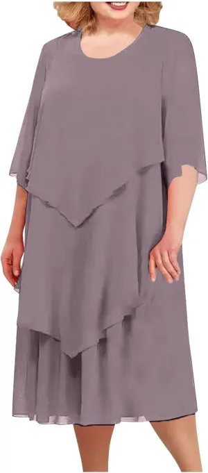 Women 3/4 Sleeve Crewneck Solid Tiered Chiffon Dress Soft Comfy Tulle Business Office Ladies Dresses Casual Plus Size