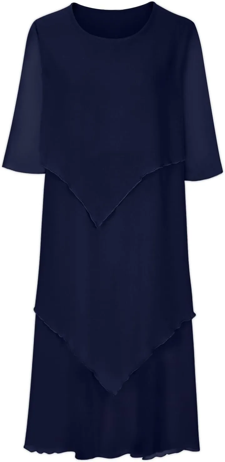 Women 3/4 Sleeve Crewneck Solid Tiered Chiffon Dress Soft Comfy Tulle Business Office Ladies Dresses Casual Plus Size