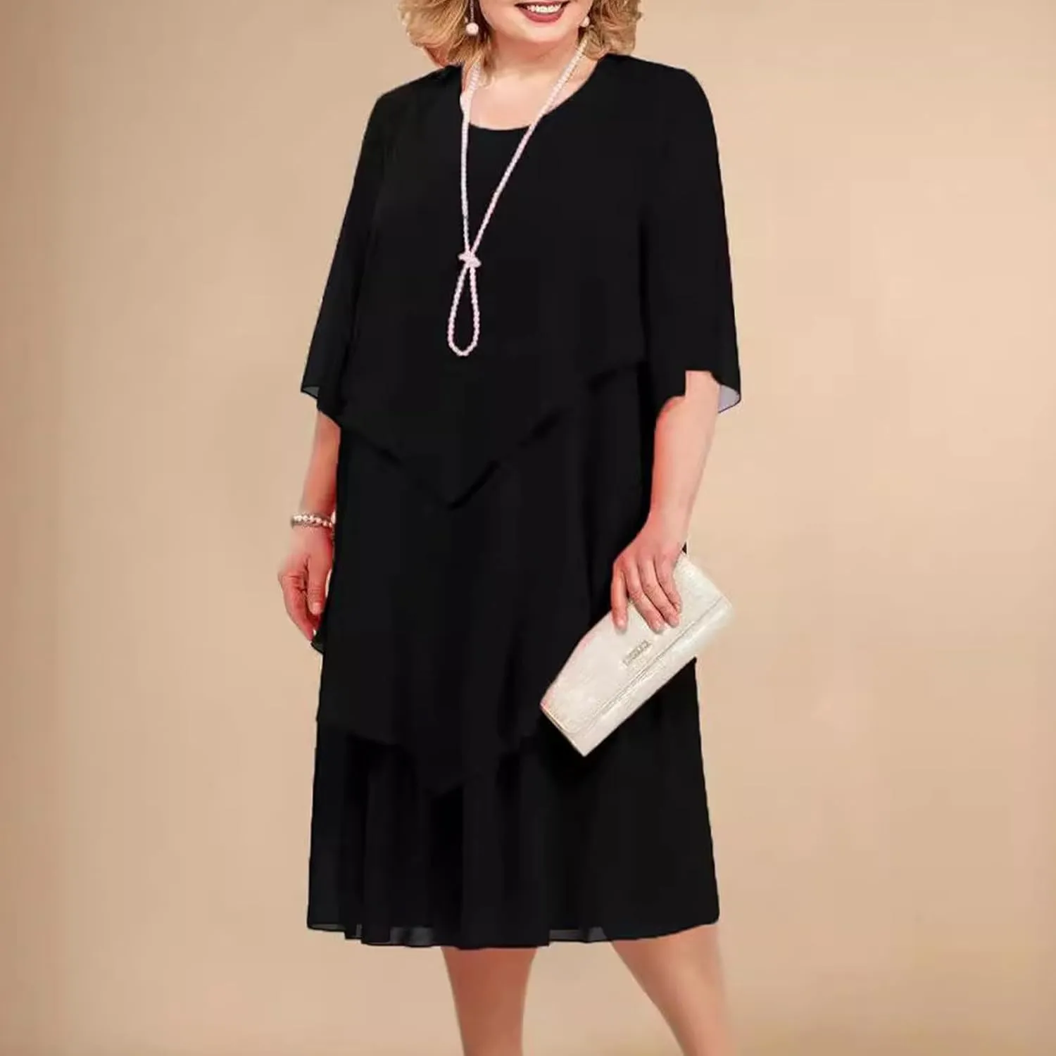 Women 3/4 Sleeve Crewneck Solid Tiered Chiffon Dress Soft Comfy Tulle Business Office Ladies Dresses Casual Plus Size