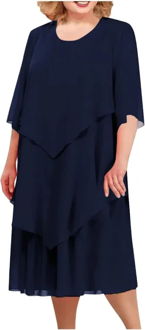 Women 3/4 Sleeve Crewneck Solid Tiered Chiffon Dress Soft Comfy Tulle Business Office Ladies Dresses Casual Plus Size