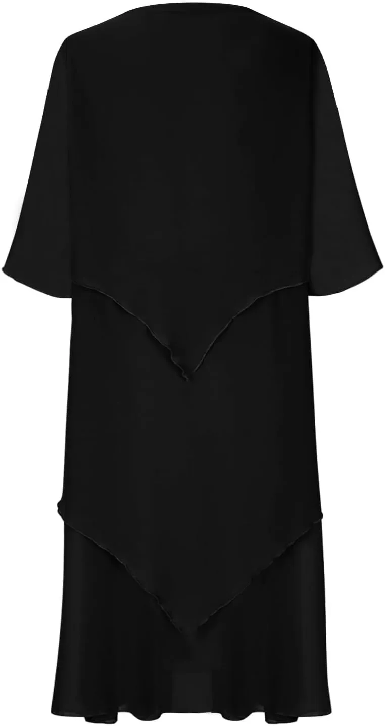Women 3/4 Sleeve Crewneck Solid Tiered Chiffon Dress Soft Comfy Tulle Business Office Ladies Dresses Casual Plus Size