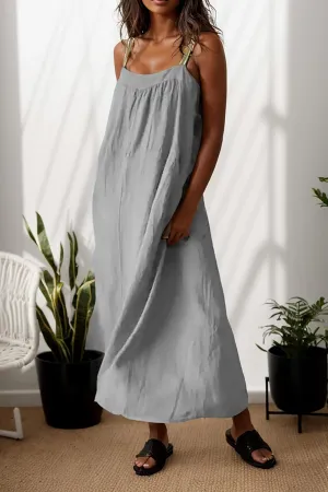 Women Cotton Linen Beach Sun Dress Summer Spaghetti Strap Sleeveless Crewneck Vacation Shift Maxi Dress with Pocket
