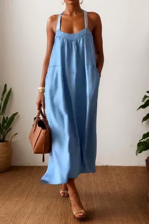 Women Cotton Linen Beach Sun Dress Summer Spaghetti Strap Sleeveless Crewneck Vacation Shift Maxi Dress with Pocket