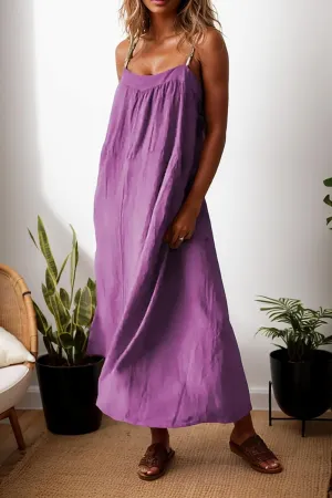 Women Cotton Linen Beach Sun Dress Summer Spaghetti Strap Sleeveless Crewneck Vacation Shift Maxi Dress with Pocket