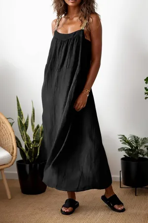 Women Cotton Linen Beach Sun Dress Summer Spaghetti Strap Sleeveless Crewneck Vacation Shift Maxi Dress with Pocket