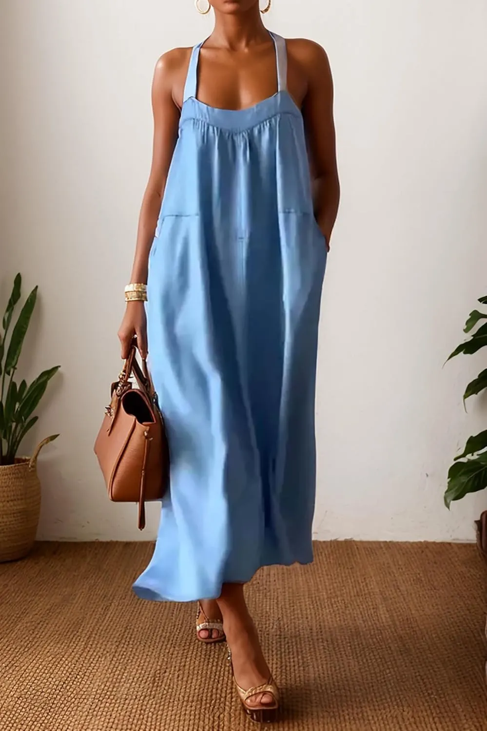 Women Cotton Linen Beach Sun Dress Summer Spaghetti Strap Sleeveless Crewneck Vacation Shift Maxi Dress with Pocket
