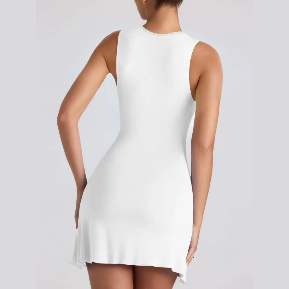 Women Elegant Square Neck Lace Patchwork Bustier Short Dress Sleeveless Dressy Solid Bodycon Mini Dress Clubwear