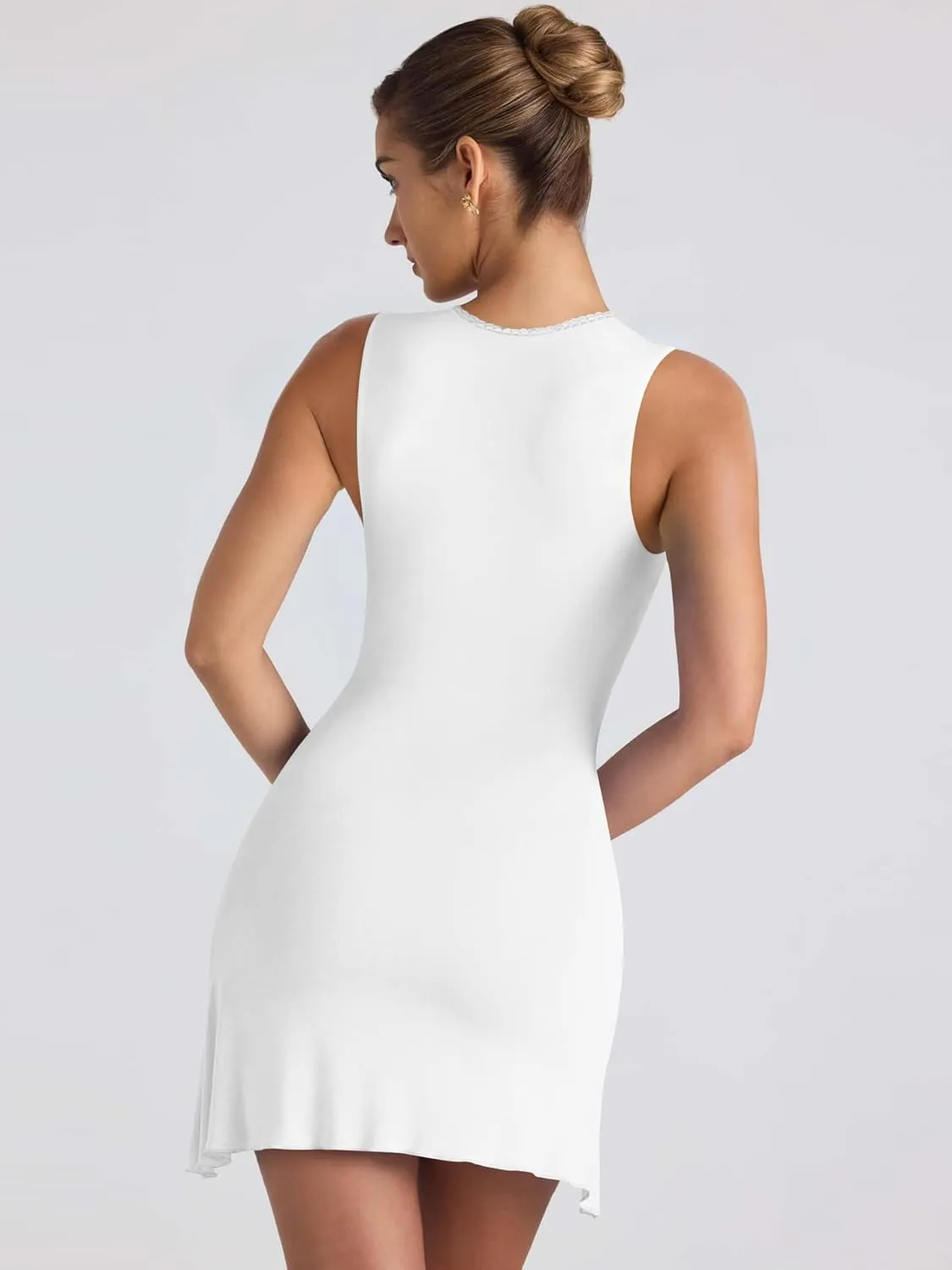 Women Elegant Square Neck Lace Patchwork Bustier Short Dress Sleeveless Dressy Solid Bodycon Mini Dress Clubwear