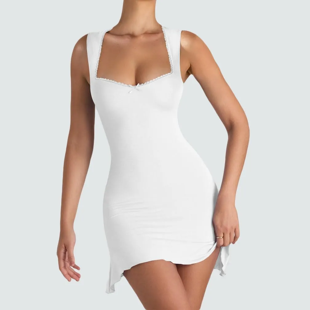 Women Elegant Square Neck Lace Patchwork Bustier Short Dress Sleeveless Dressy Solid Bodycon Mini Dress Clubwear