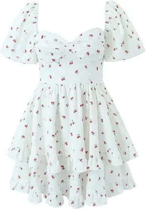 Women Floral Print Ruffles Mini Short A Line Dress Summer Puff Sleeve Cherry France Chic Dress