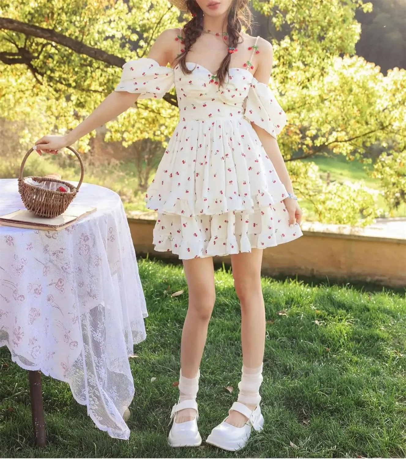 Women Floral Print Ruffles Mini Short A Line Dress Summer Puff Sleeve Cherry France Chic Dress