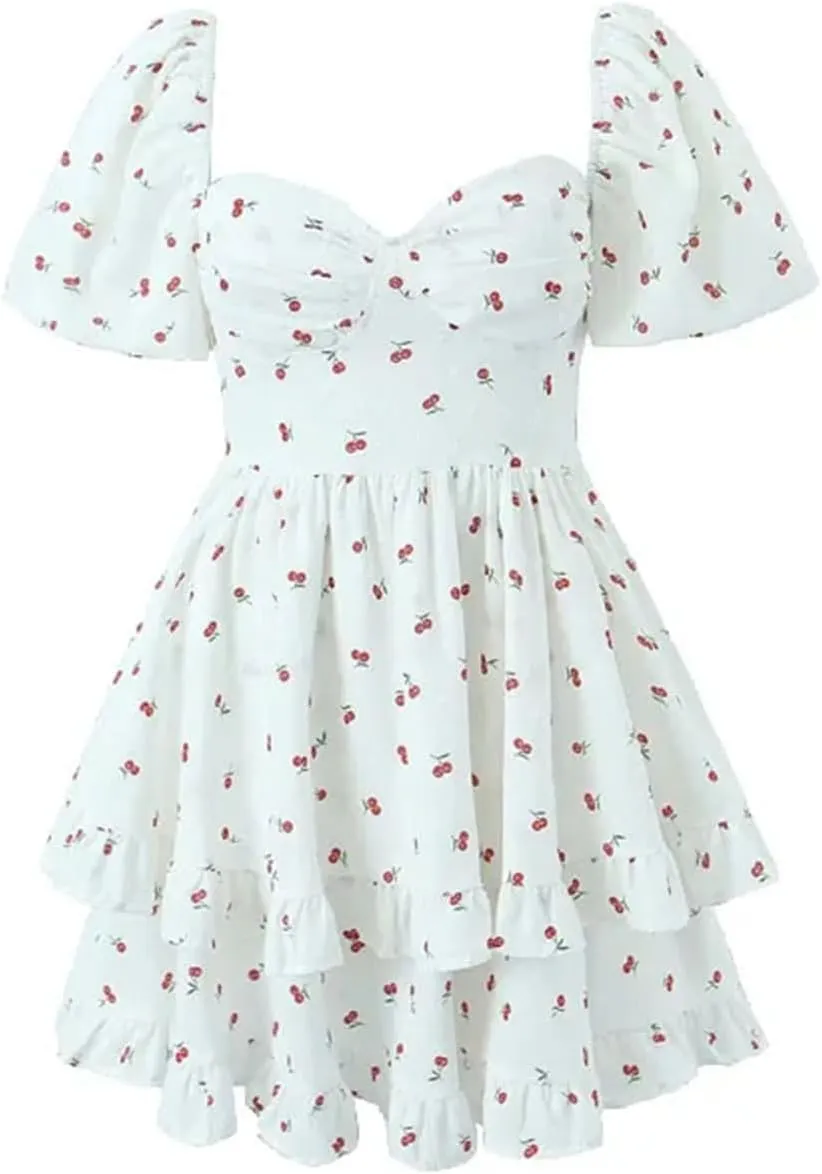 Women Floral Print Ruffles Mini Short A Line Dress Summer Puff Sleeve Cherry France Chic Dress