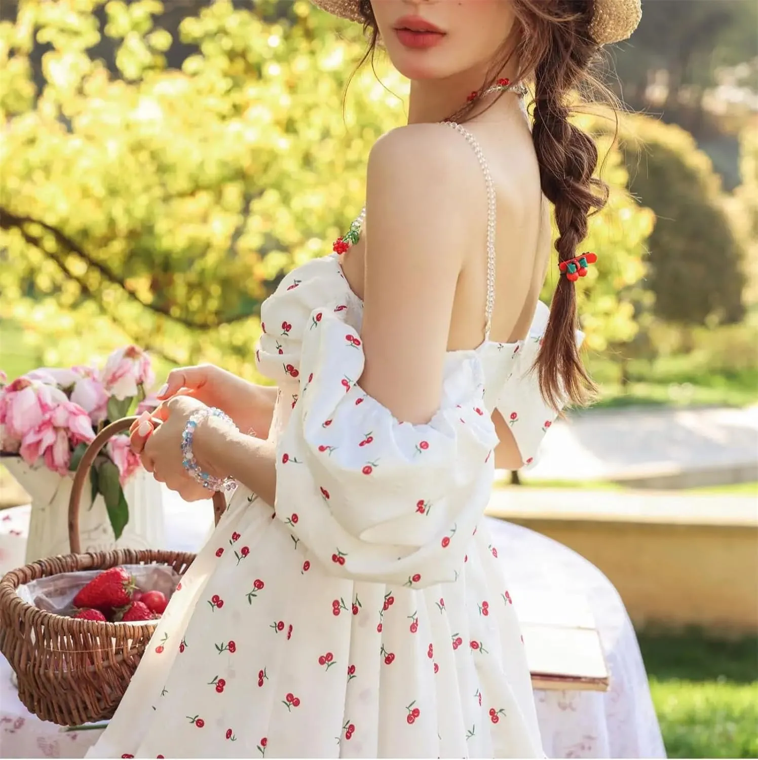Women Floral Print Ruffles Mini Short A Line Dress Summer Puff Sleeve Cherry France Chic Dress