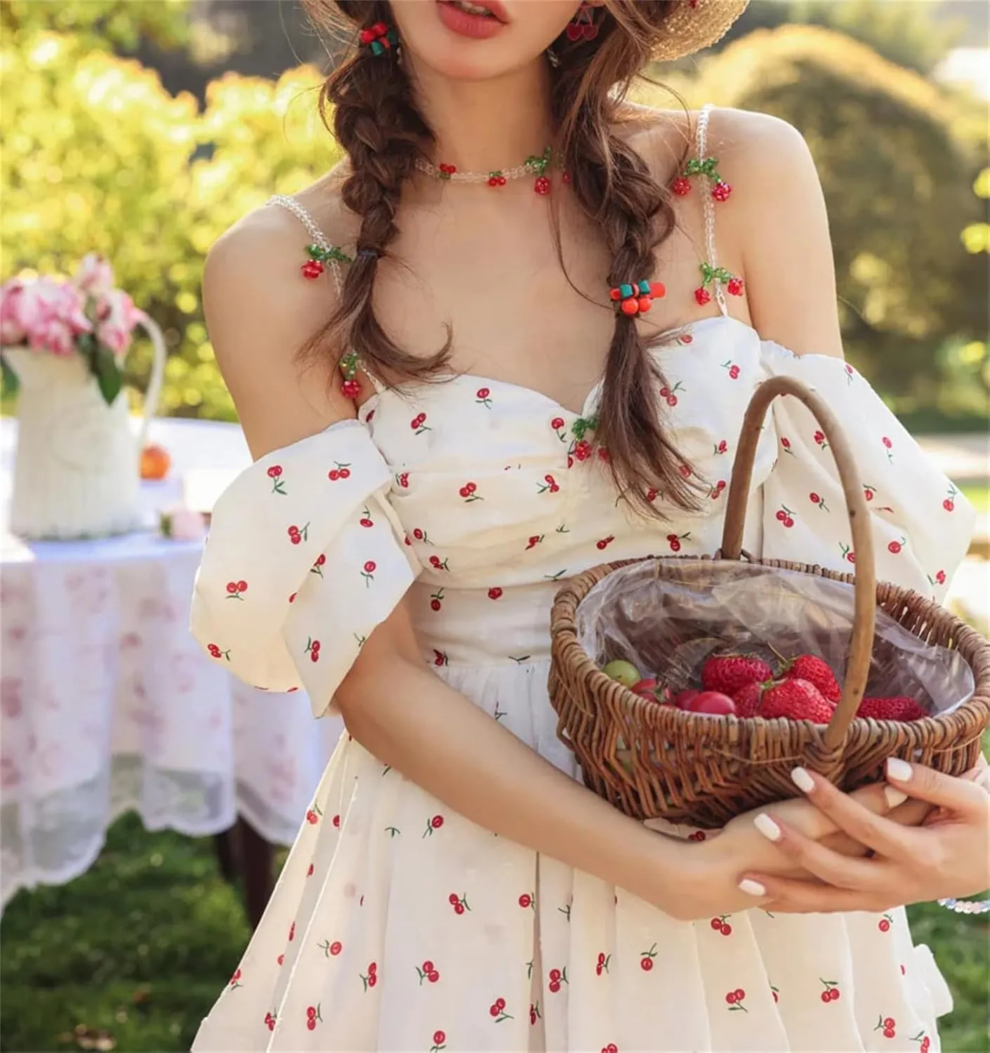 Women Floral Print Ruffles Mini Short A Line Dress Summer Puff Sleeve Cherry France Chic Dress