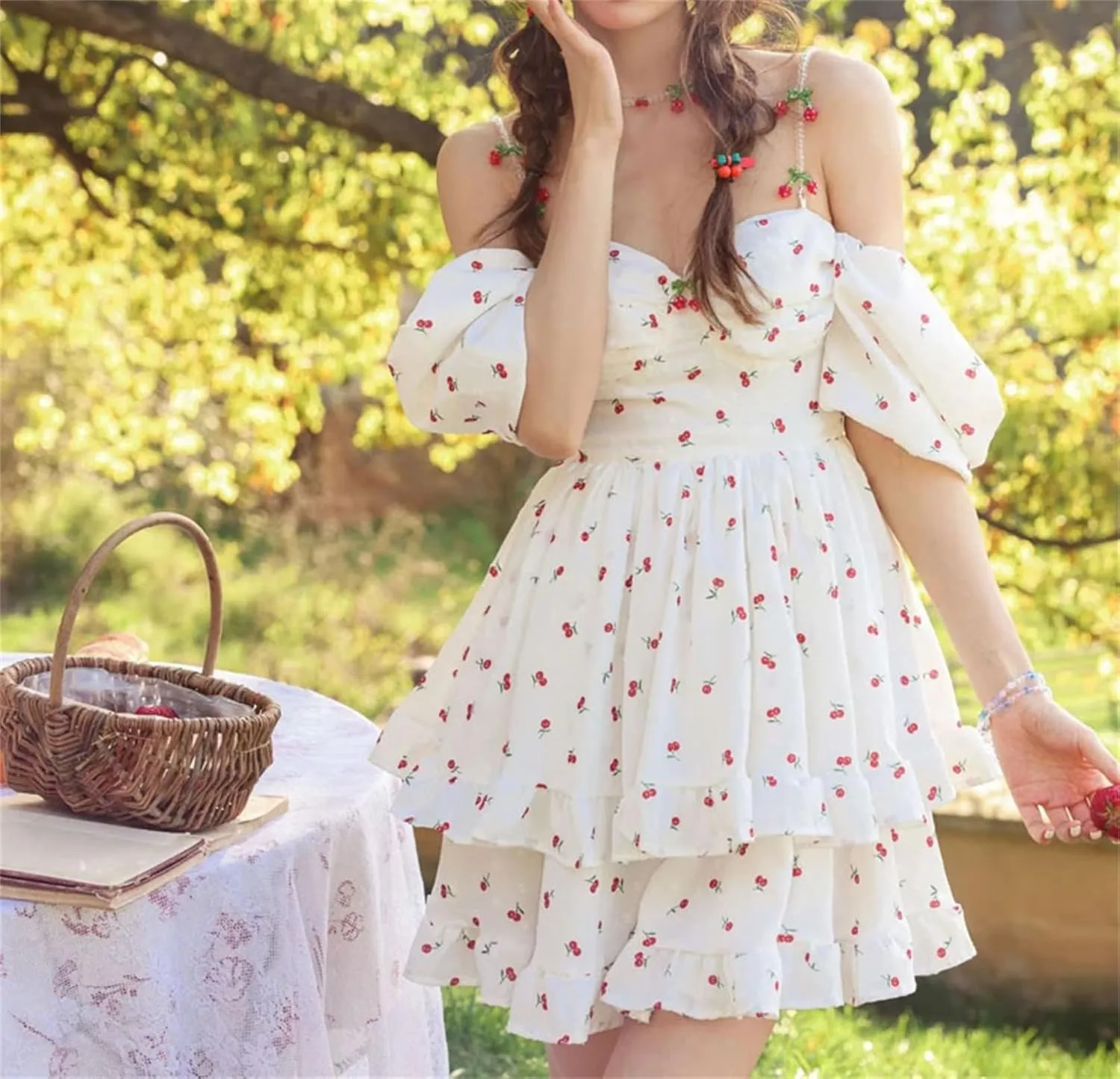 Women Floral Print Ruffles Mini Short A Line Dress Summer Puff Sleeve Cherry France Chic Dress