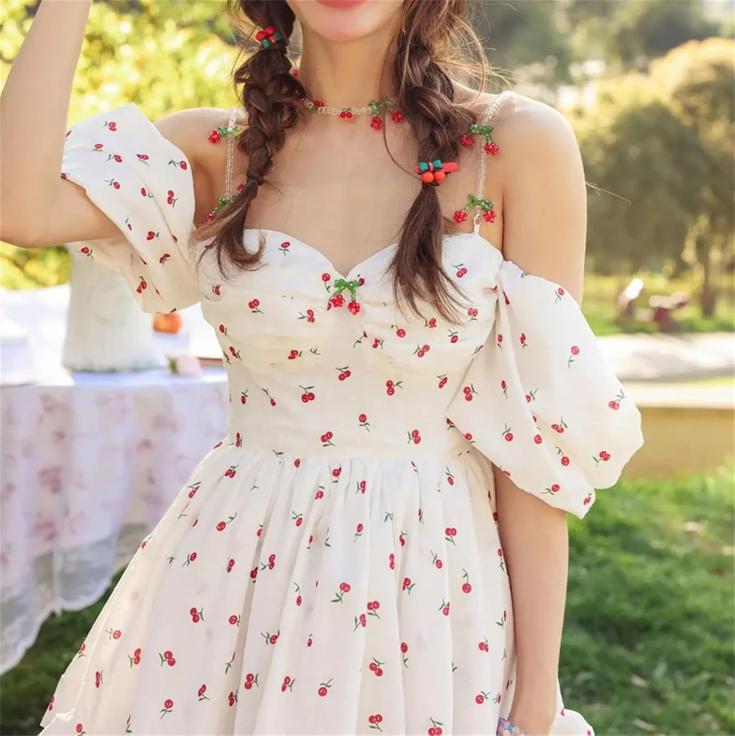 Women Floral Print Ruffles Mini Short A Line Dress Summer Puff Sleeve Cherry France Chic Dress