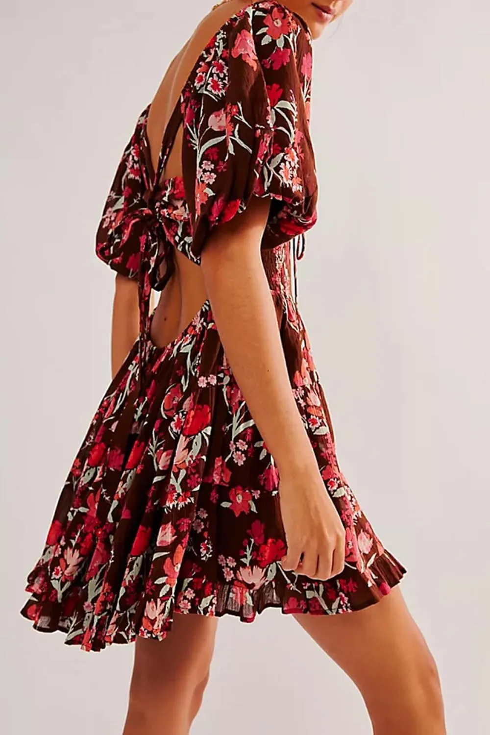 Women Floral Puff Short Sleeve Mini Dress Cute Boho Loose Fit Short Dresses Casual A Line Beach Vocation Sun Dress