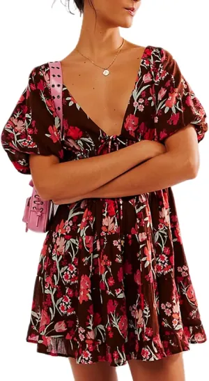 Women Floral Puff Short Sleeve Mini Dress Cute Boho Loose Fit Short Dresses Casual A Line Beach Vocation Sun Dress