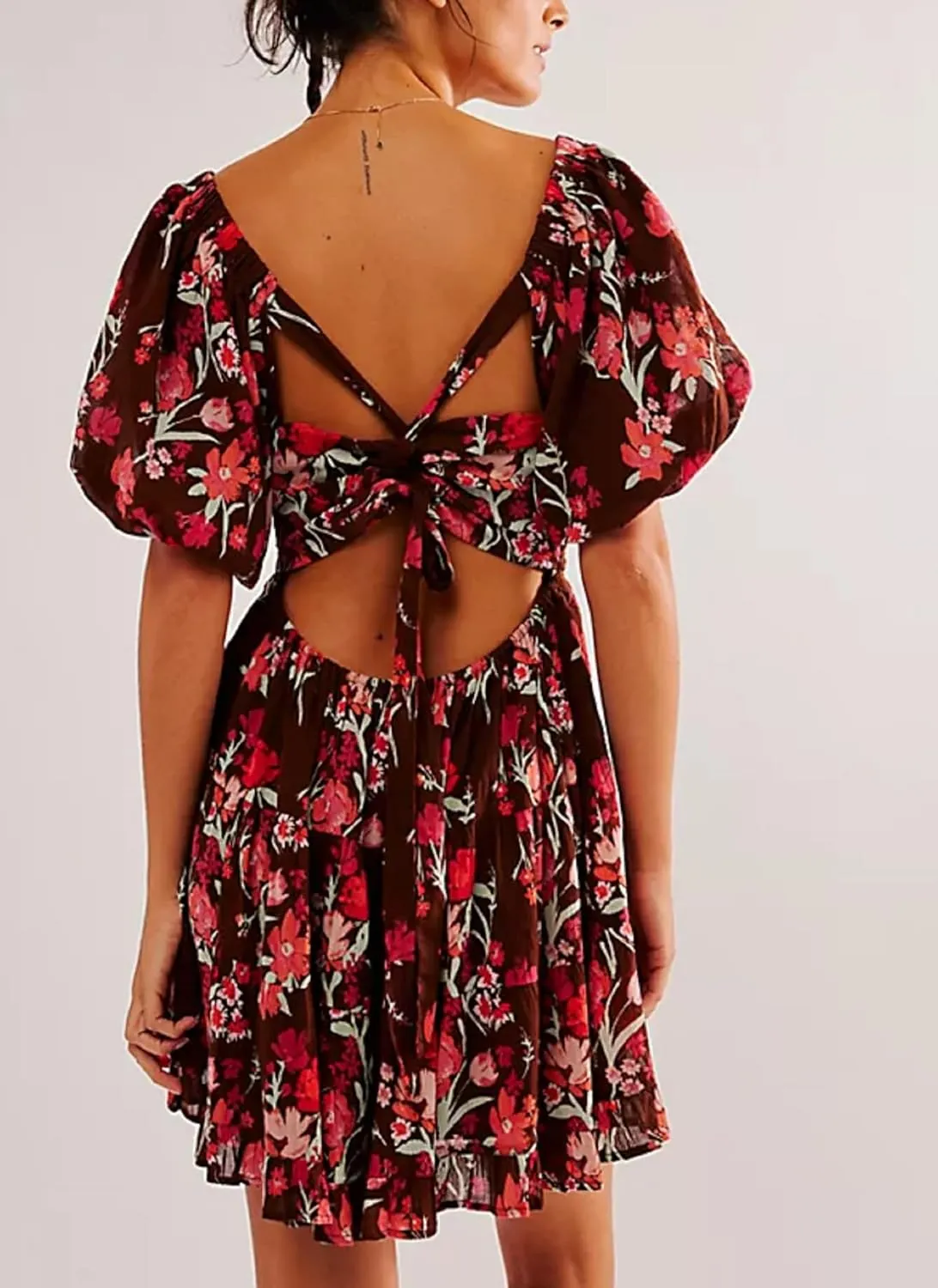 Women Floral Puff Short Sleeve Mini Dress Cute Boho Loose Fit Short Dresses Casual A Line Beach Vocation Sun Dress