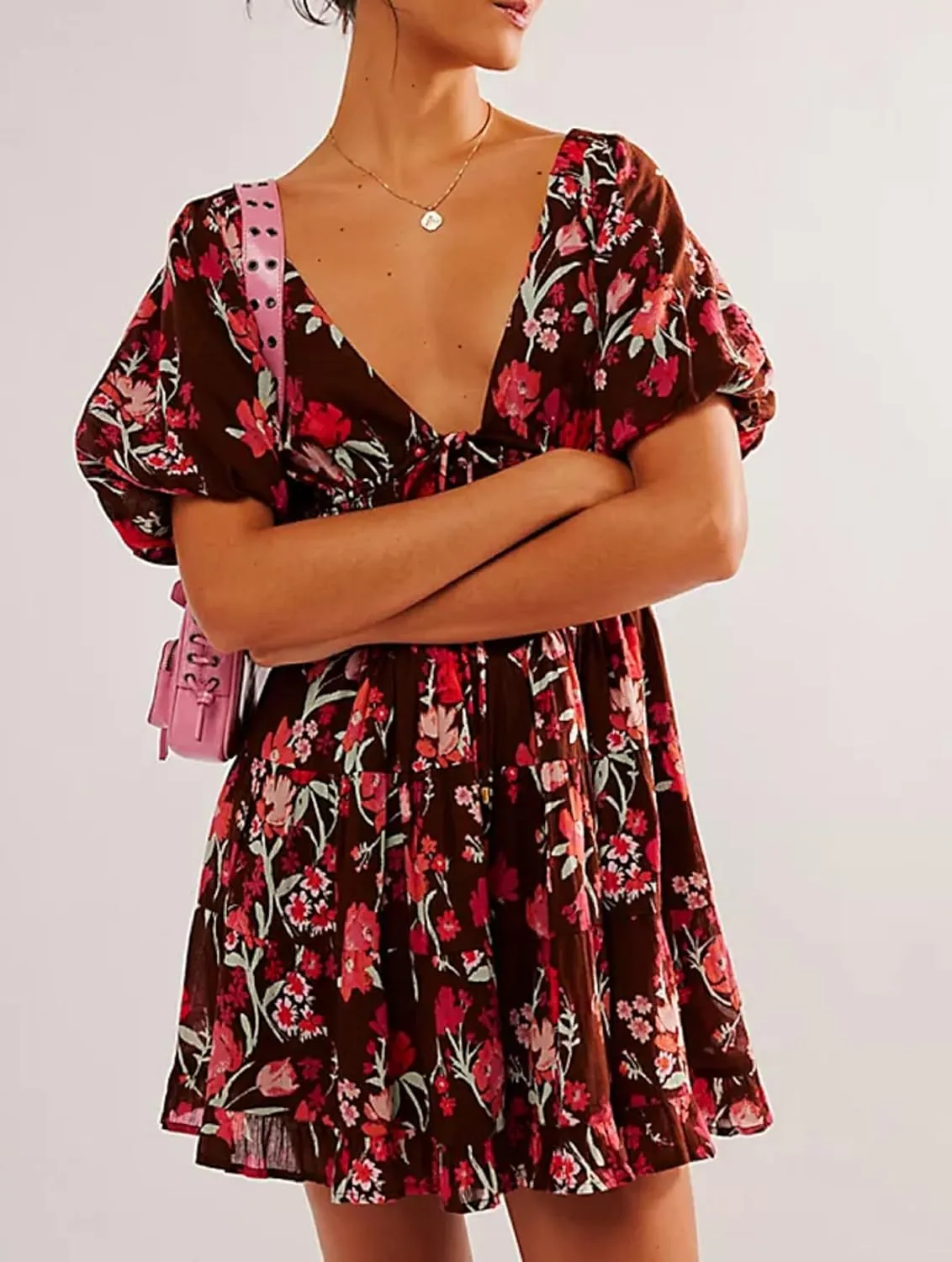 Women Floral Puff Short Sleeve Mini Dress Cute Boho Loose Fit Short Dresses Casual A Line Beach Vocation Sun Dress