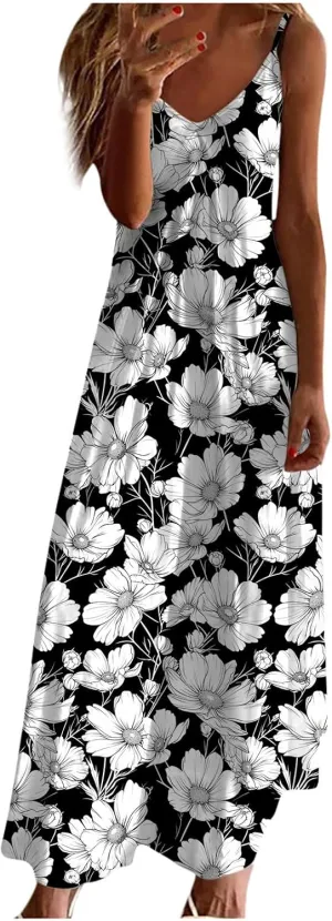 Women Floral Summer Sundresses 2025 Spaghetti Strap Maxi Dresses Spring Flower Boho Dress Boho Beach Vacation Clothes
