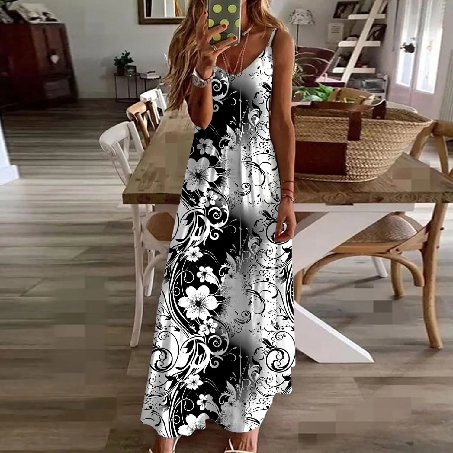 Women Floral Summer Sundresses 2025 Spaghetti Strap Maxi Dresses Spring Flower Boho Dress Boho Beach Vacation Clothes