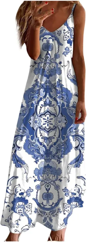 Women Floral Summer Sundresses 2025 Spaghetti Strap Maxi Dresses Spring Flower Boho Dress Boho Beach Vacation Clothes