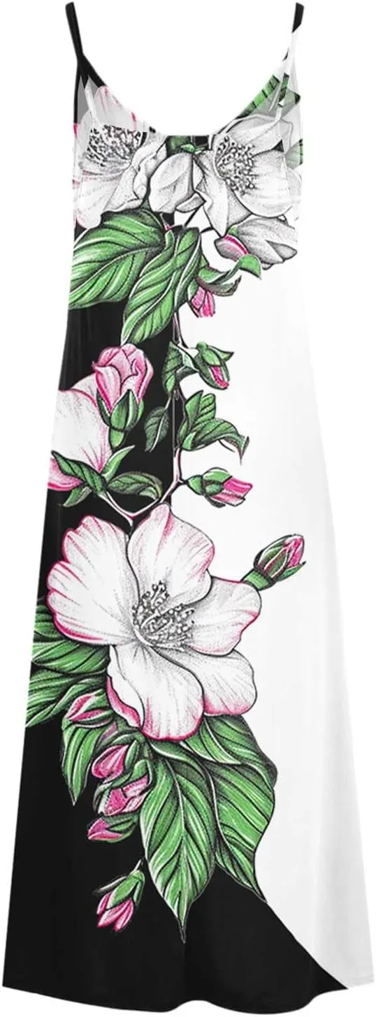 Women Floral Summer Sundresses 2025 Spaghetti Strap Maxi Dresses Spring Flower Boho Dress Boho Beach Vacation Clothes