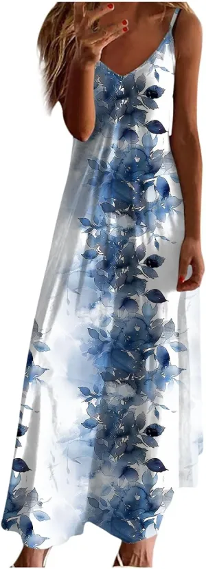 Women Floral Summer Sundresses 2025 Spaghetti Strap Maxi Dresses Spring Flower Boho Dress Boho Beach Vacation Clothes